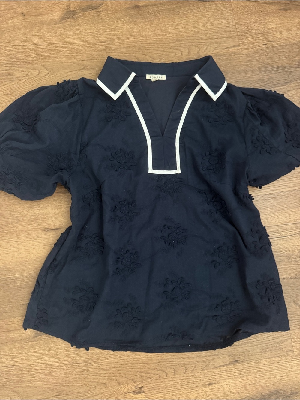 JODIFL Navy Short-Sleeve Embroidered V-Neck Top with White Trim